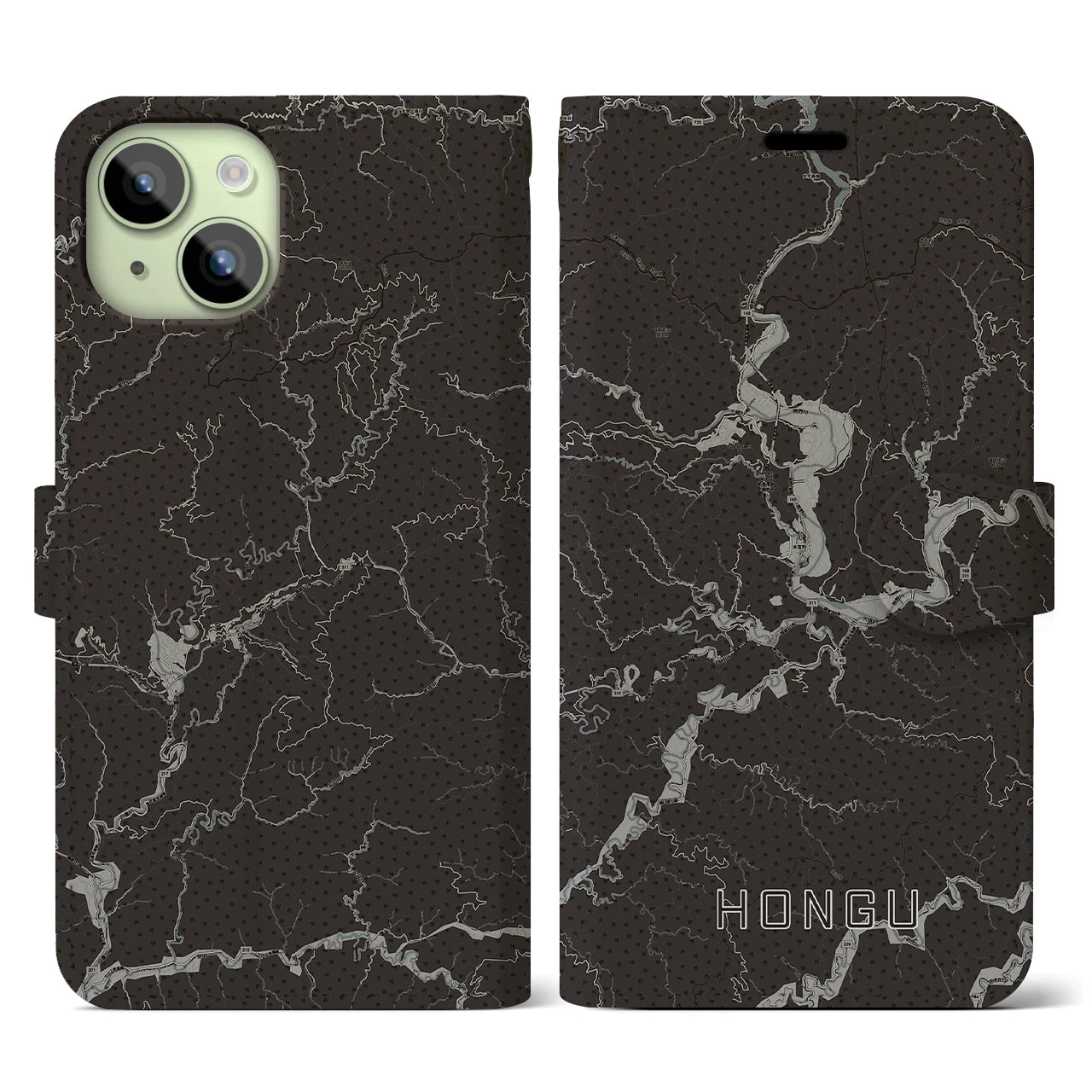【本宮(和歌山県)】地図柄iPhoneケース(手帳タイプ)モノトーン・iPhone 15 用