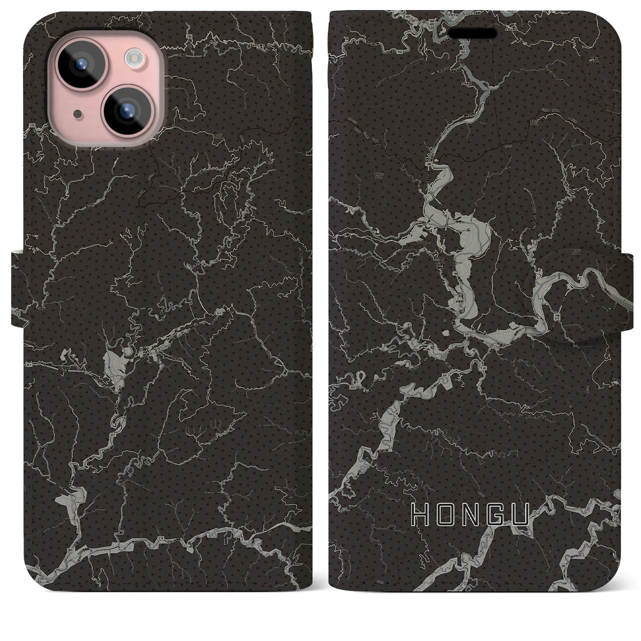 【本宮(和歌山県)】地図柄iPhoneケース(手帳タイプ)モノトーン・iPhone 15 Plus 用