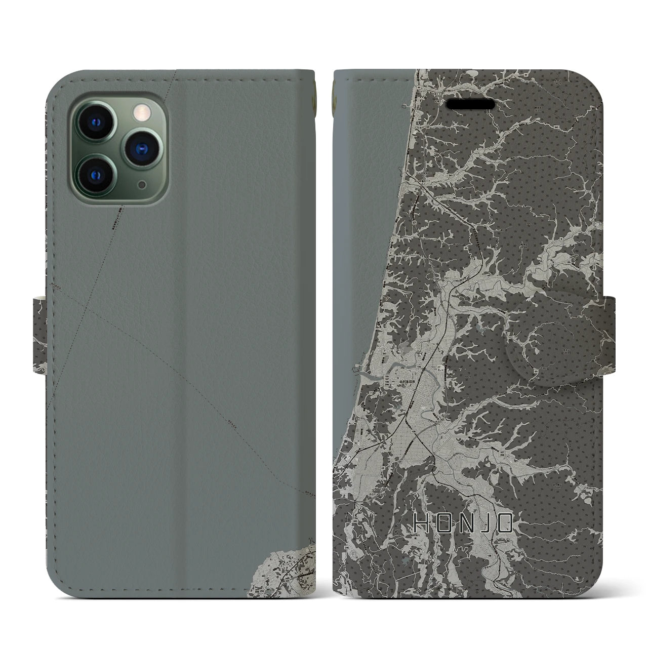 【本荘(秋田県)】地図柄iPhoneケース(手帳タイプ)モノトーン・iPhone 11 Pro 用