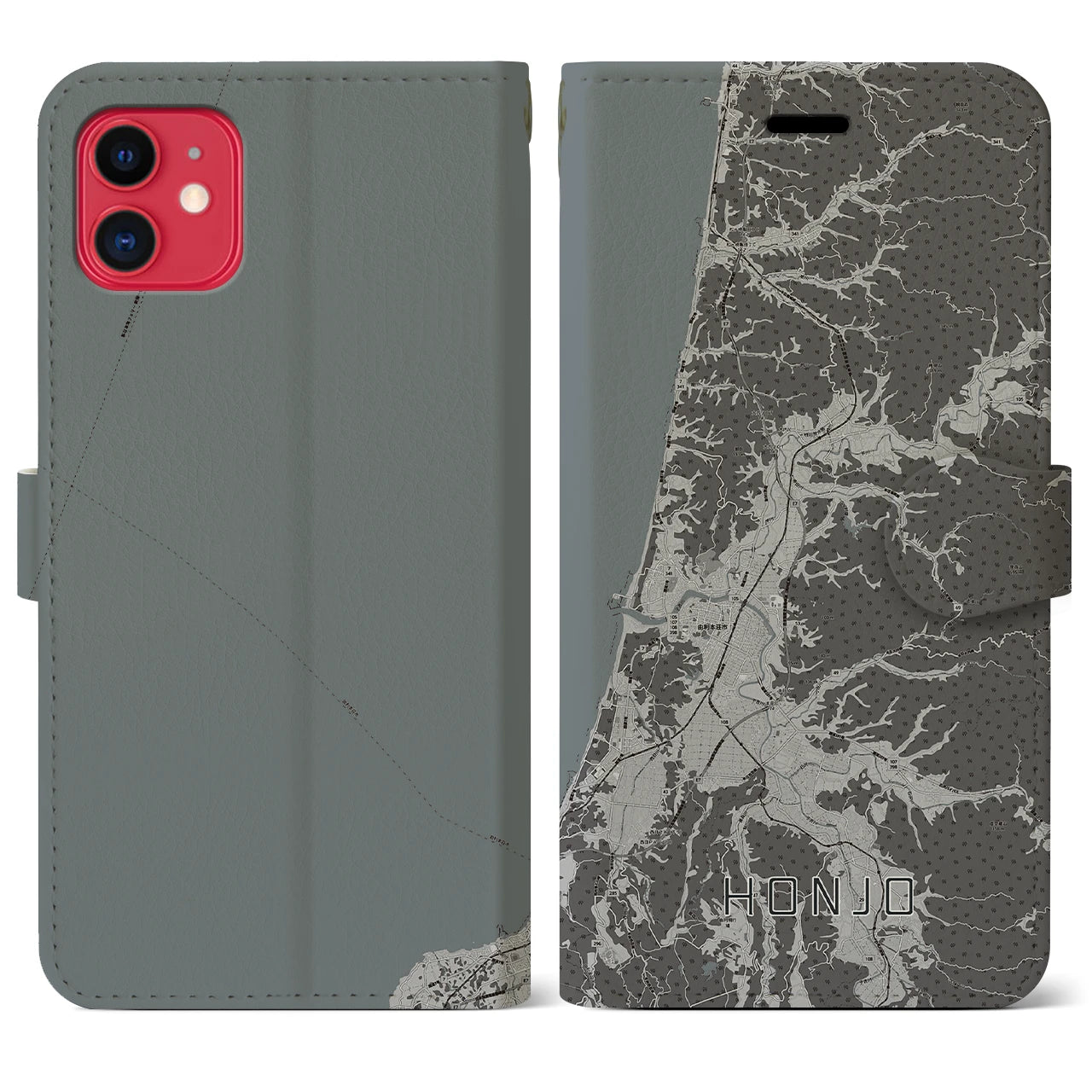 【本荘(秋田県)】地図柄iPhoneケース(手帳タイプ)モノトーン・iPhone 11 用