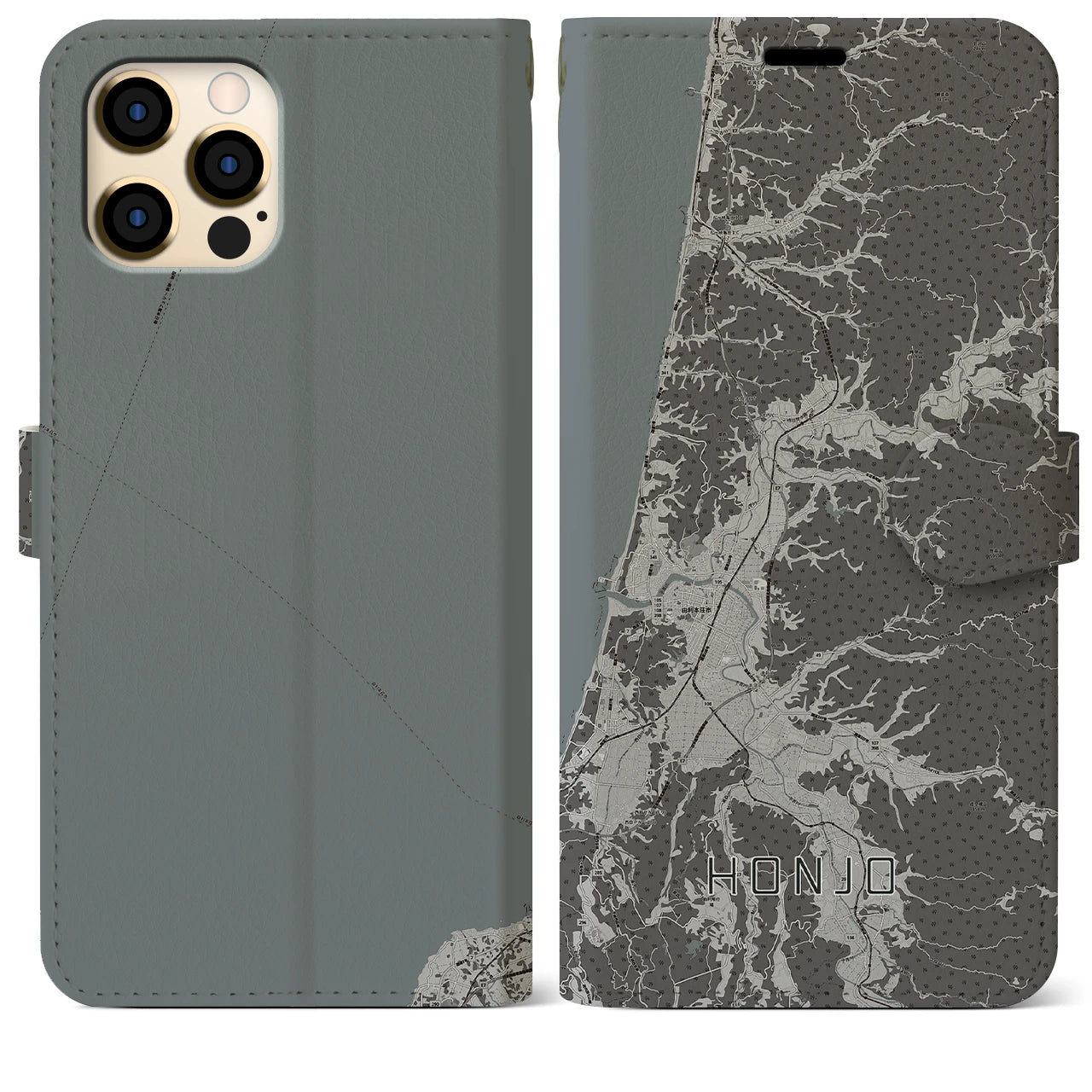 【本荘(秋田県)】地図柄iPhoneケース(手帳タイプ)モノトーン・iPhone 12 Pro Max 用