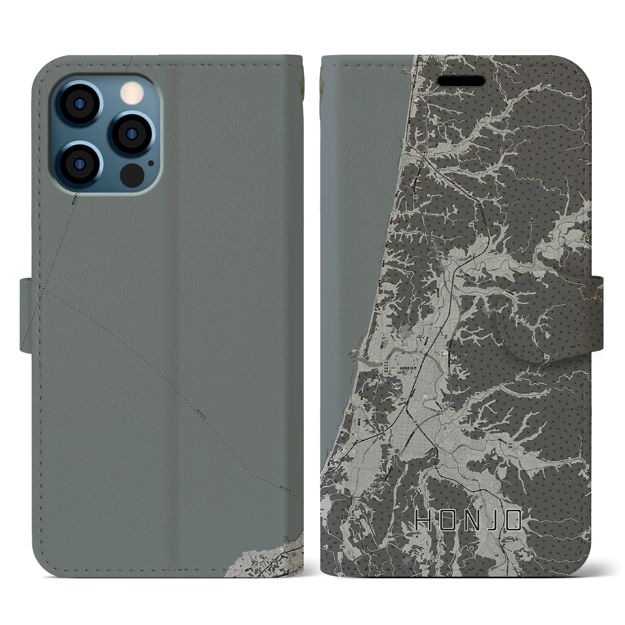 【本荘(秋田県)】地図柄iPhoneケース(手帳タイプ)モノトーン・iPhone 12 / 12 Pro 用
