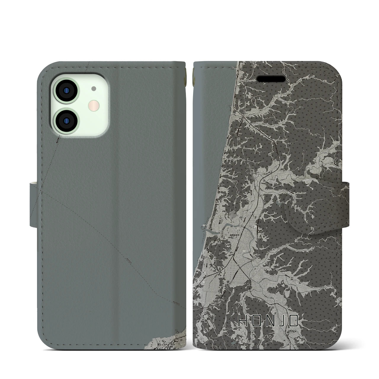 【本荘(秋田県)】地図柄iPhoneケース(手帳タイプ)モノトーン・iPhone 12 mini 用