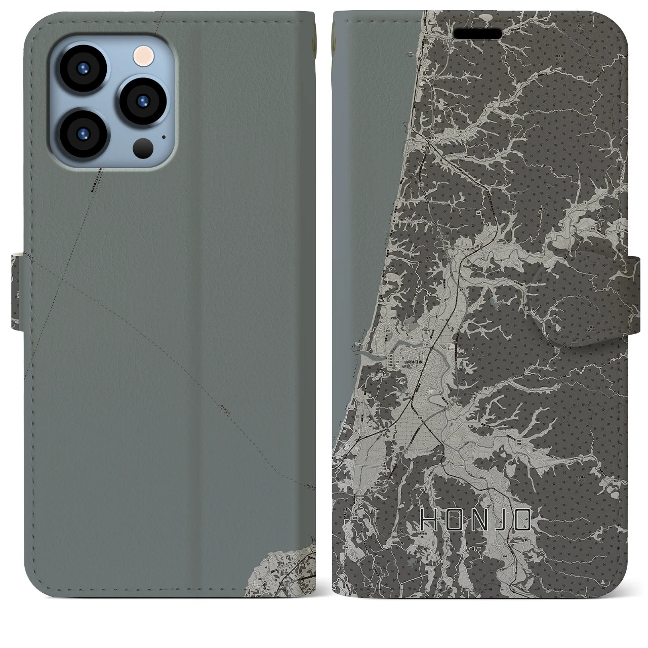 【本荘(秋田県)】地図柄iPhoneケース(手帳タイプ)モノトーン・iPhone 13 Pro Max 用