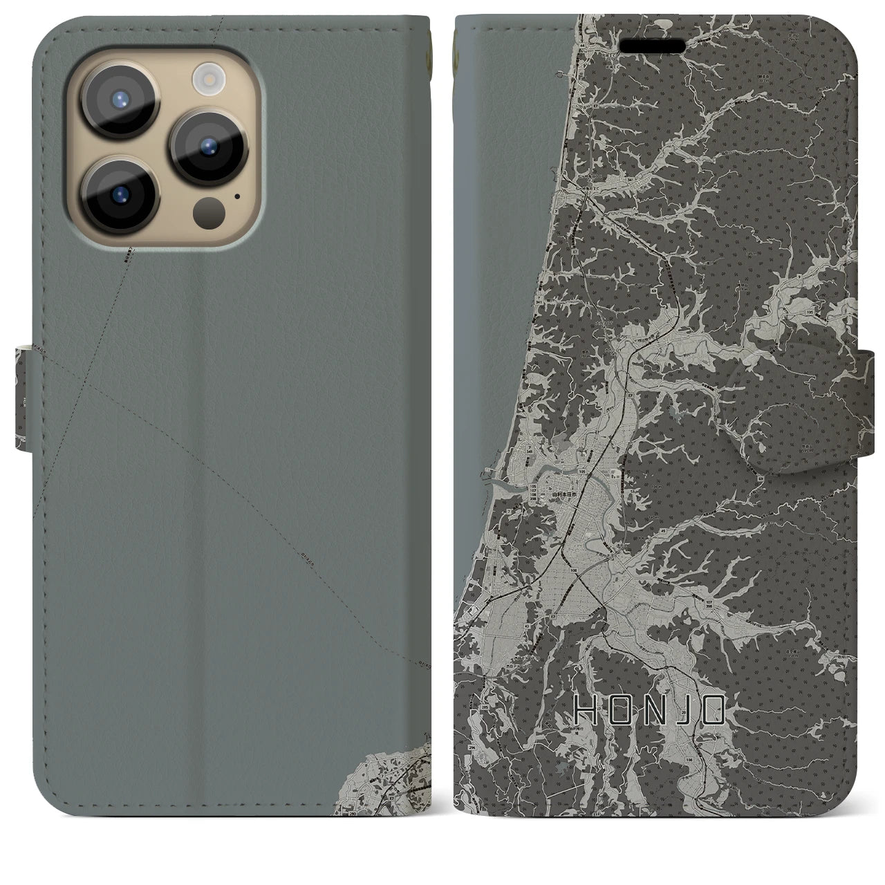 【本荘(秋田県)】地図柄iPhoneケース(手帳タイプ)モノトーン・iPhone 14 Pro Max 用