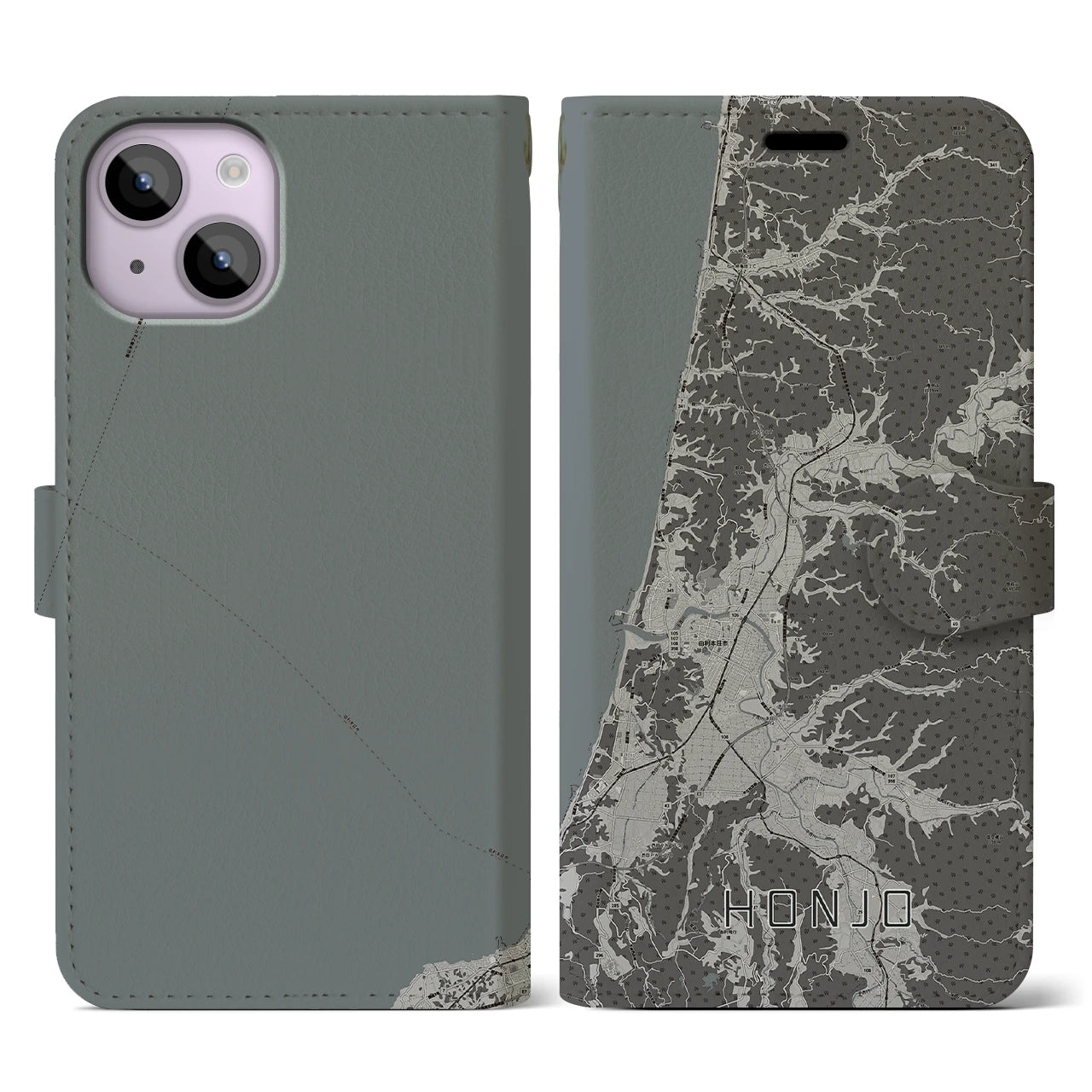 【本荘(秋田県)】地図柄iPhoneケース(手帳タイプ)モノトーン・iPhone 14 用