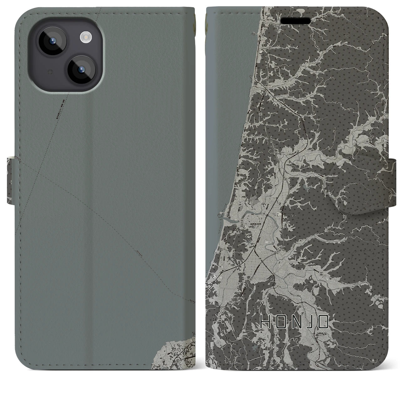 【本荘(秋田県)】地図柄iPhoneケース(手帳タイプ)モノトーン・iPhone 14 Plus 用