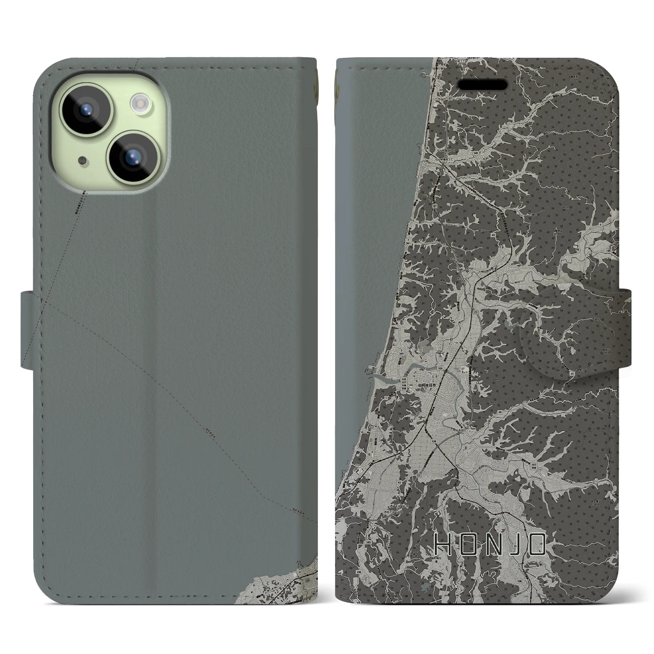 【本荘(秋田県)】地図柄iPhoneケース(手帳タイプ)モノトーン・iPhone 15 用