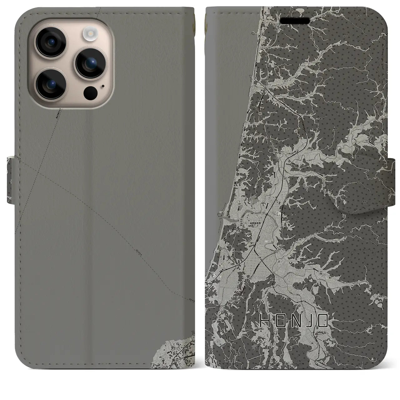 【本荘(秋田県)】地図柄iPhoneケース(手帳タイプ)モノトーン・iPhone 16 Plus 用