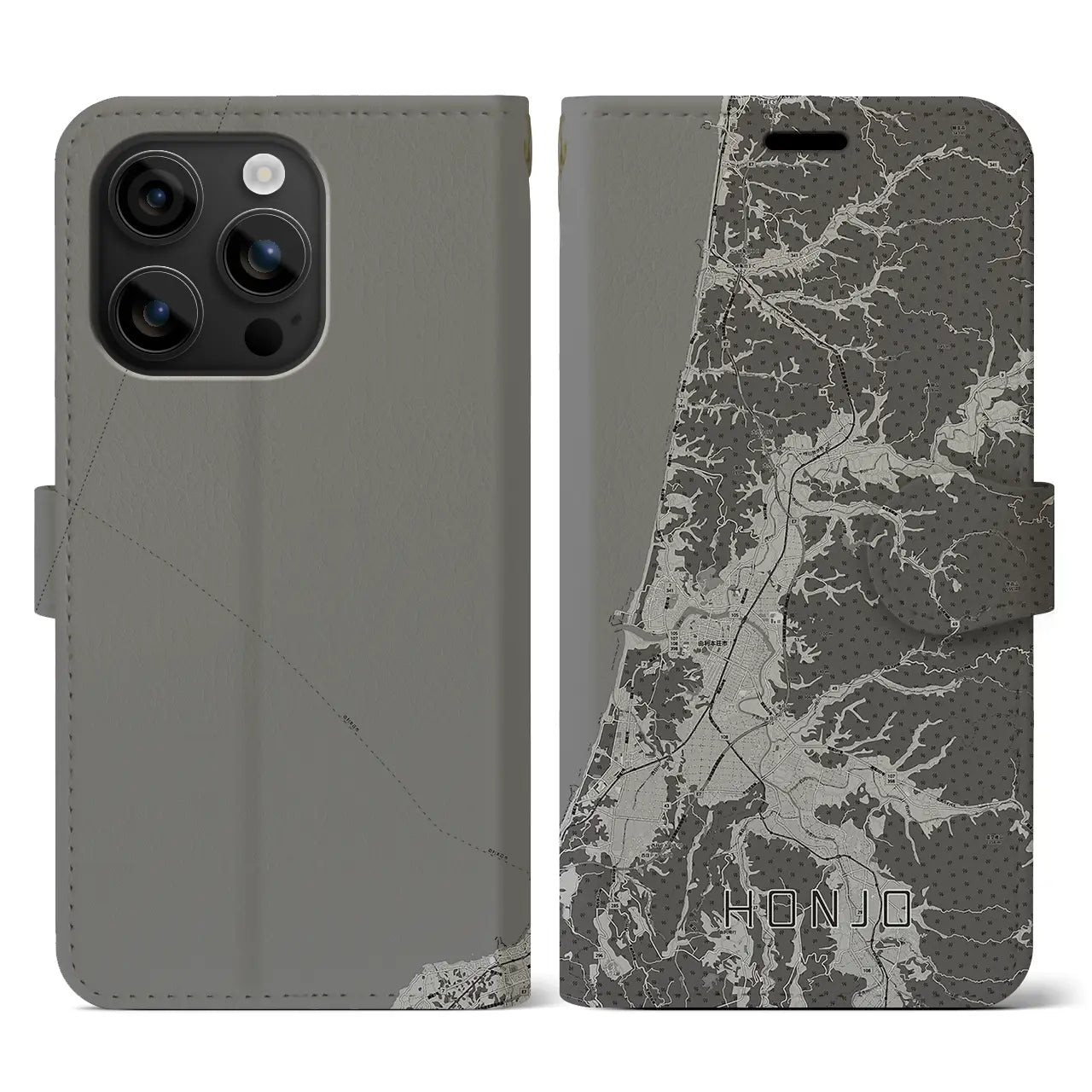 【本荘(秋田県)】地図柄iPhoneケース(手帳タイプ)モノトーン・iPhone 16 用