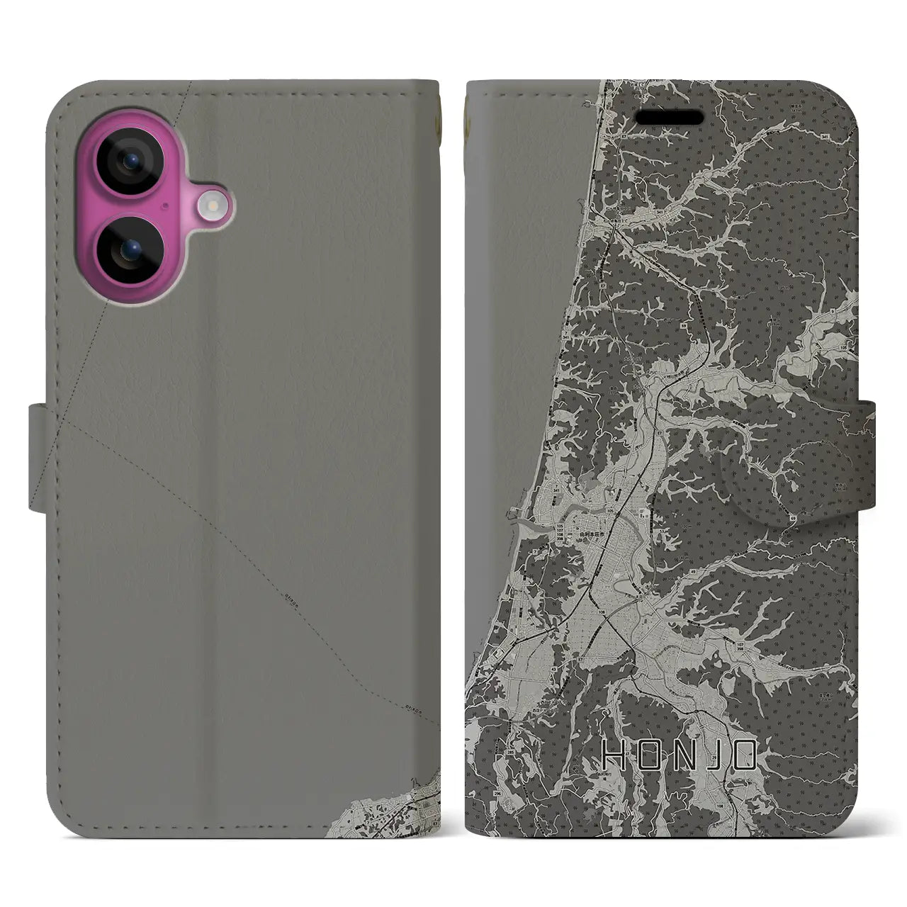 【本荘(秋田県)】地図柄iPhoneケース(手帳タイプ)モノトーン・iPhone 16 Pro 用