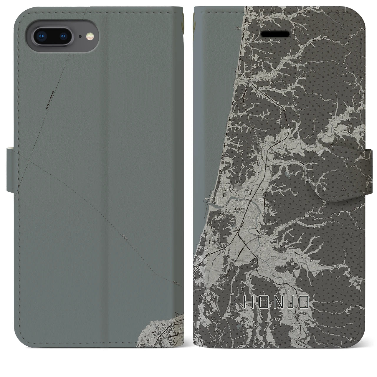 【本荘(秋田県)】地図柄iPhoneケース(手帳タイプ)モノトーン・iPhone 8Plus /7Plus / 6sPlus / 6Plus 用