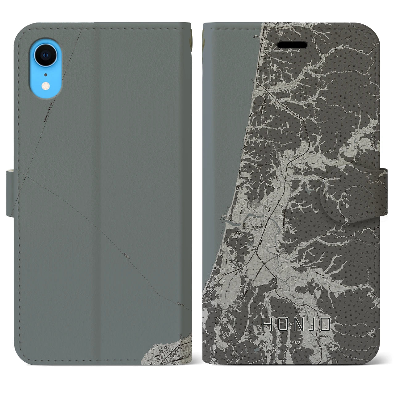 【本荘(秋田県)】地図柄iPhoneケース(手帳タイプ)モノトーン・iPhone XR 用