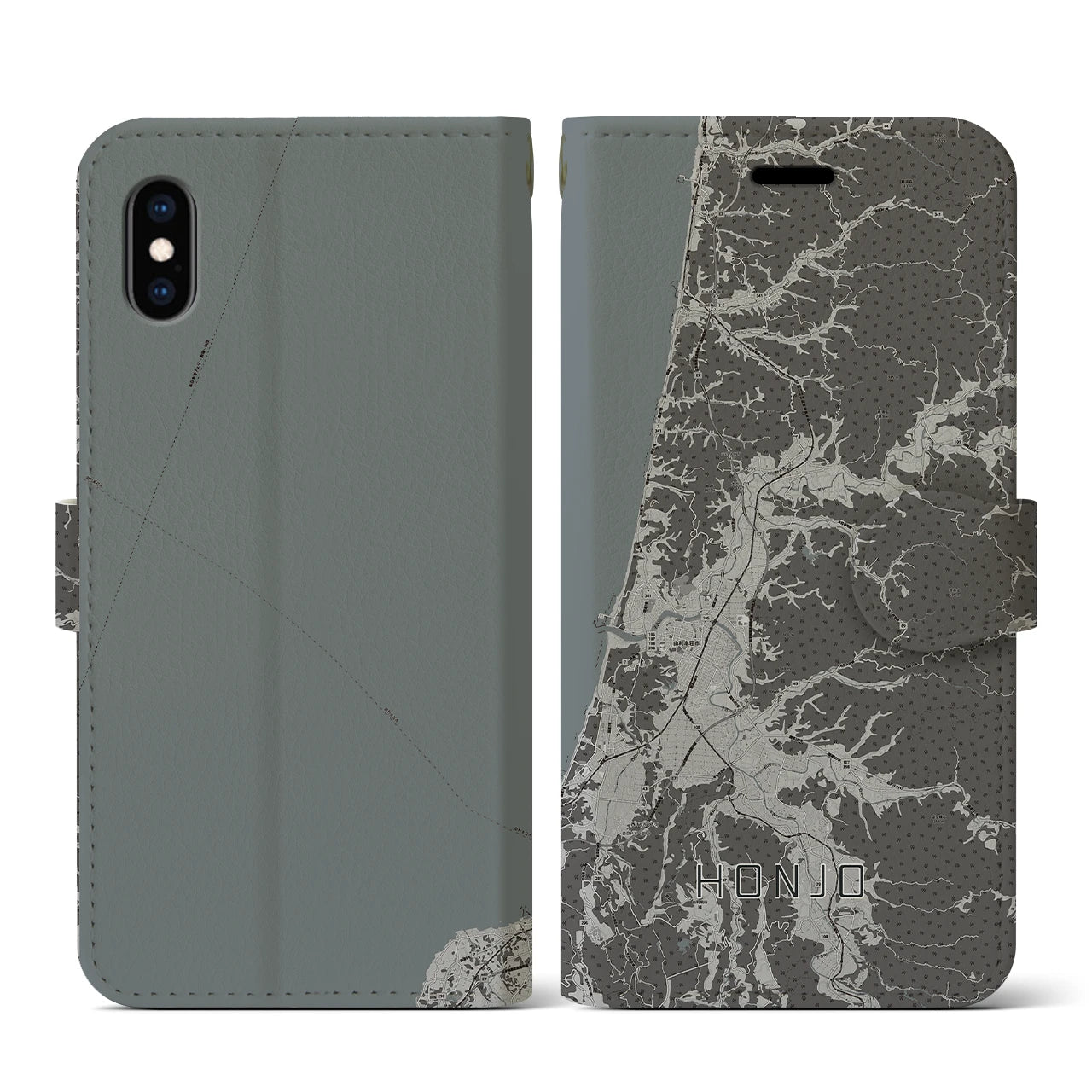 【本荘(秋田県)】地図柄iPhoneケース(手帳タイプ)モノトーン・iPhone XS / X 用