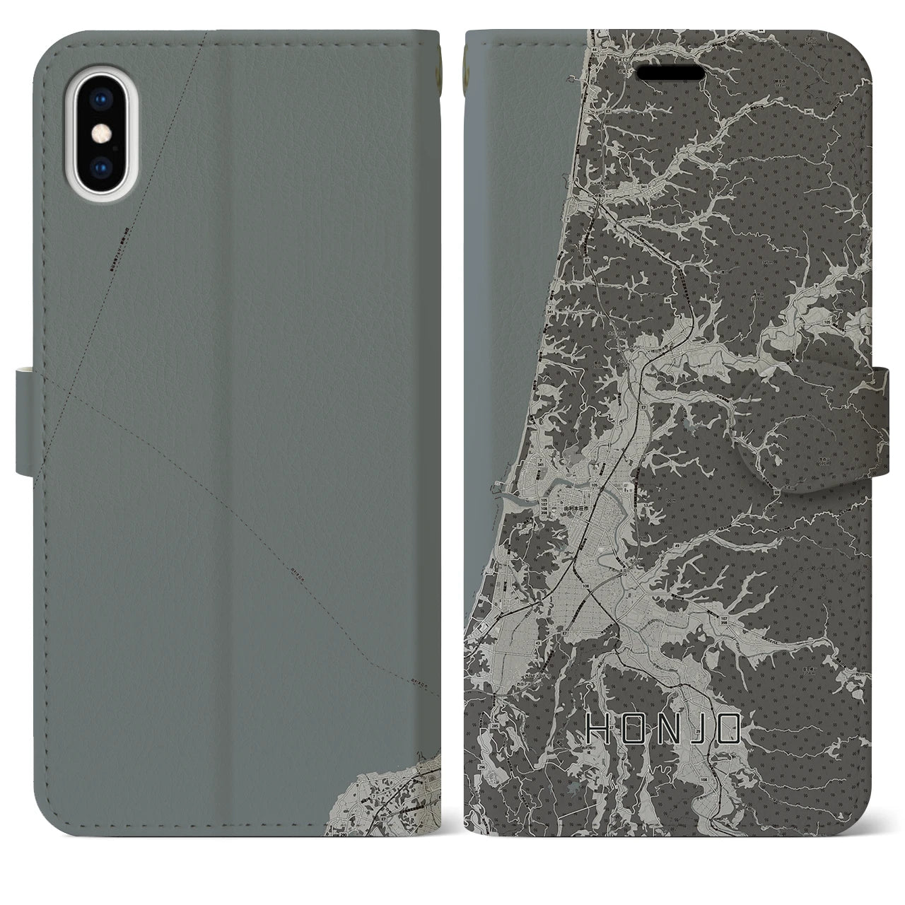 【本荘(秋田県)】地図柄iPhoneケース(手帳タイプ)モノトーン・iPhone XS Max 用