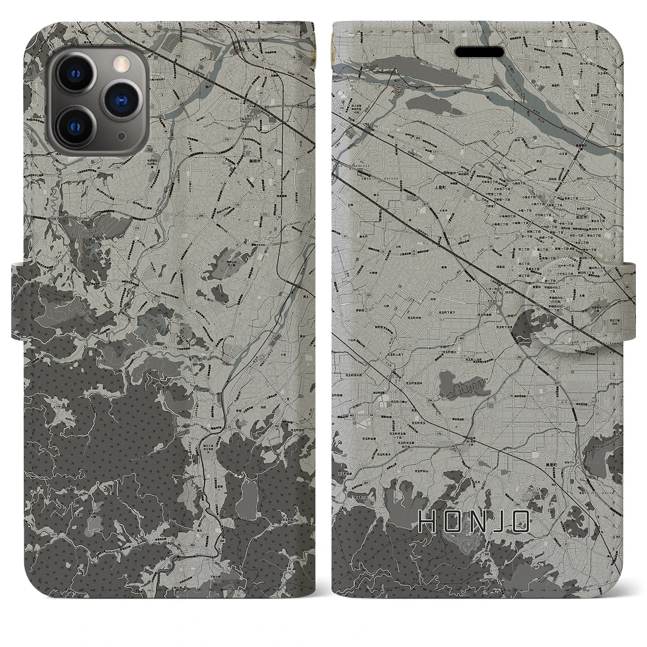 【本庄(埼玉県)】地図柄iPhoneケース(手帳タイプ)モノトーン・iPhone 11 Pro Max 用