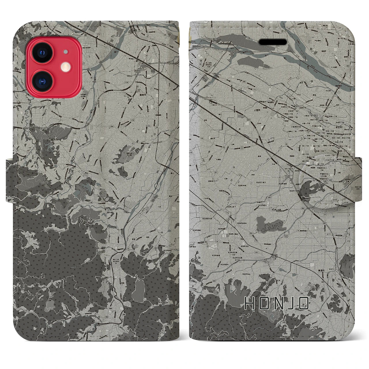 【本庄(埼玉県)】地図柄iPhoneケース(手帳タイプ)モノトーン・iPhone 11 用