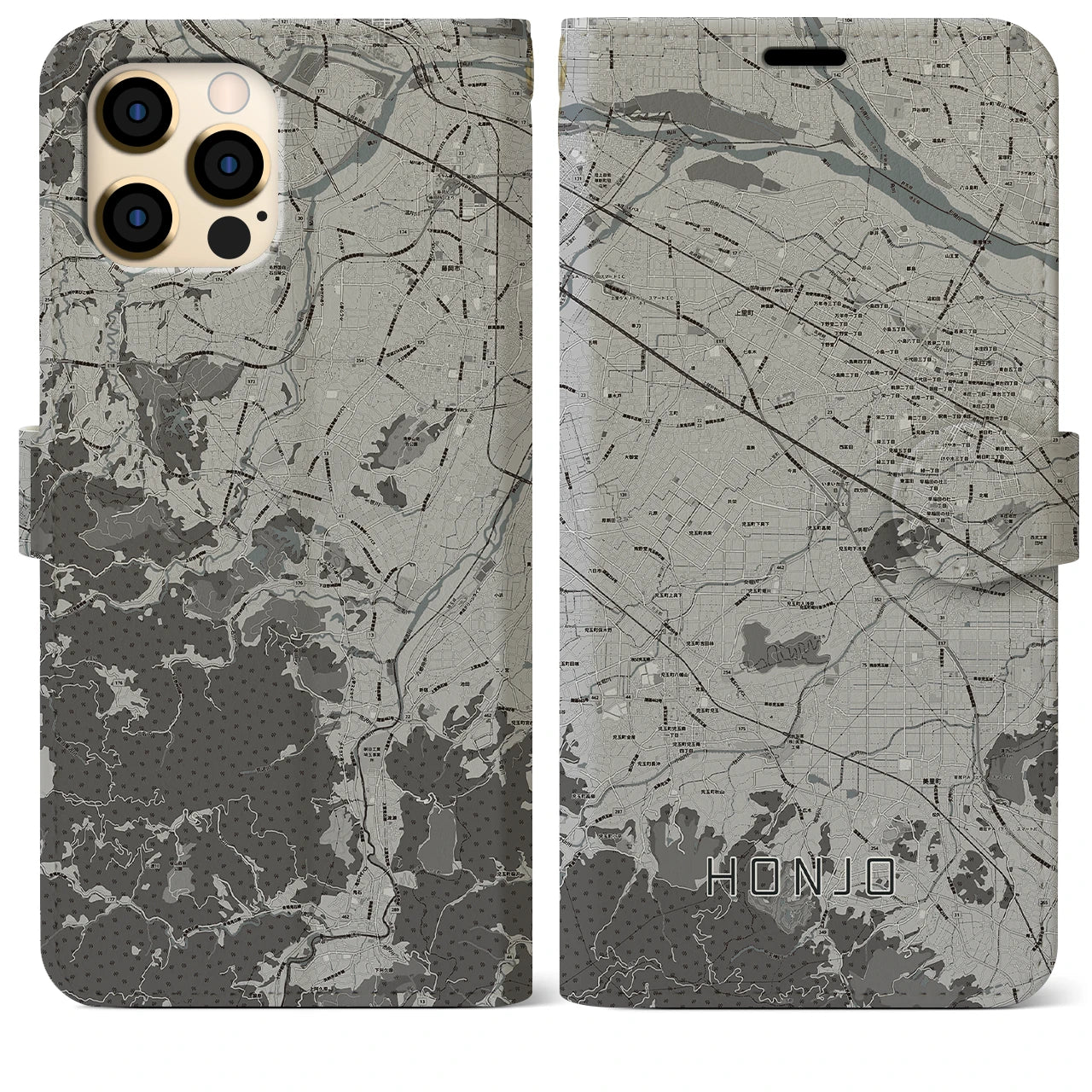 【本庄(埼玉県)】地図柄iPhoneケース(手帳タイプ)モノトーン・iPhone 12 Pro Max 用