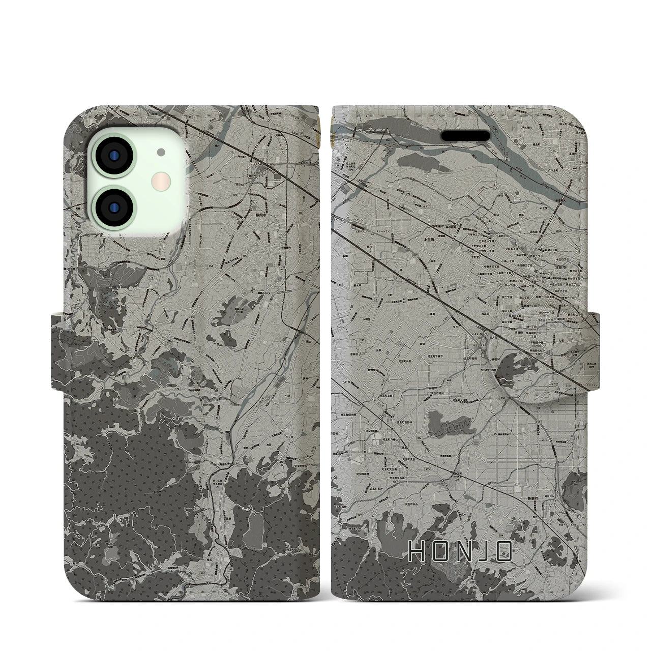 【本庄(埼玉県)】地図柄iPhoneケース(手帳タイプ)モノトーン・iPhone 12 mini 用