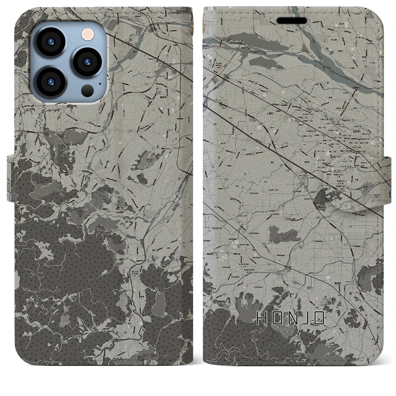 【本庄(埼玉県)】地図柄iPhoneケース(手帳タイプ)モノトーン・iPhone 13 Pro Max 用