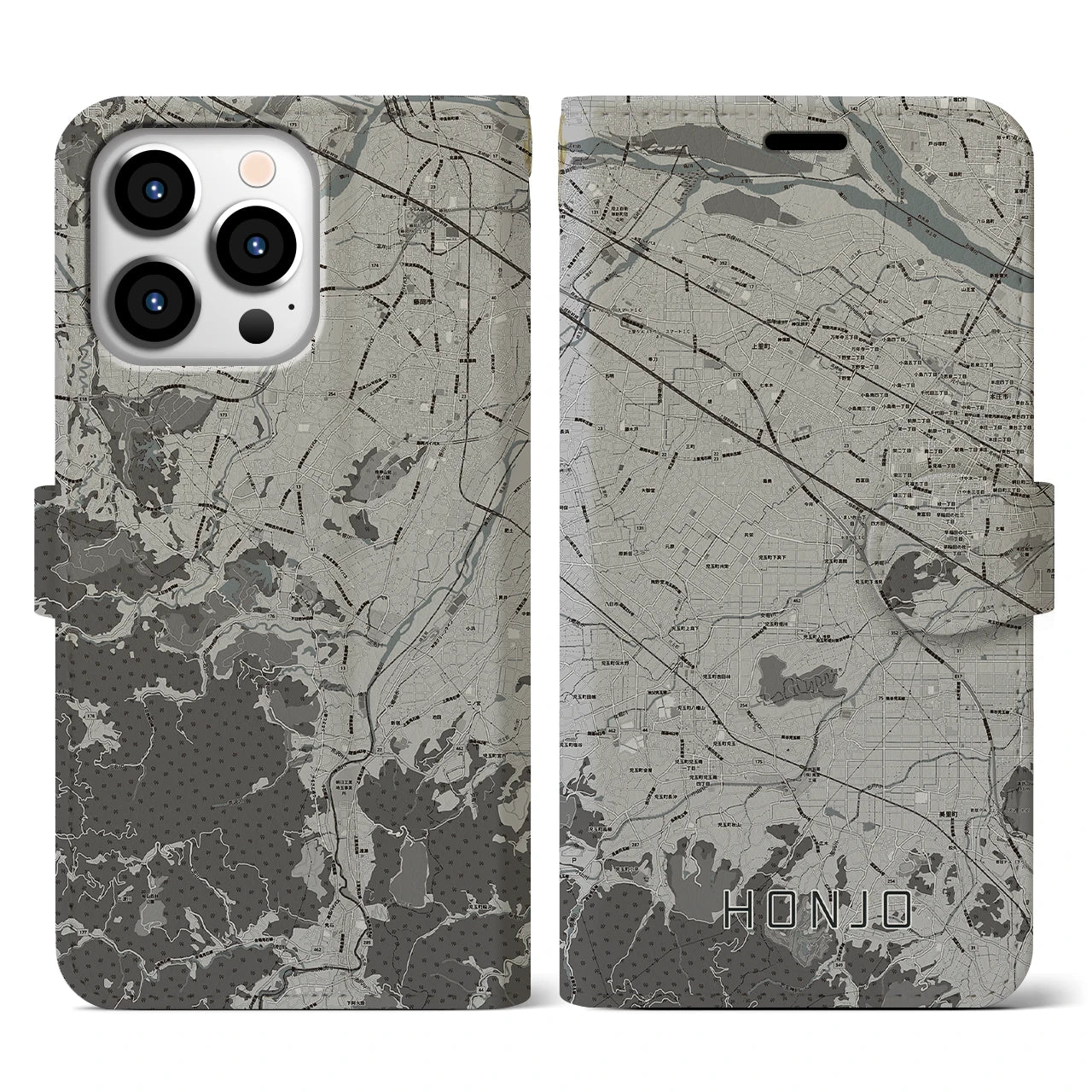 【本庄(埼玉県)】地図柄iPhoneケース(手帳タイプ)モノトーン・iPhone 13 Pro 用