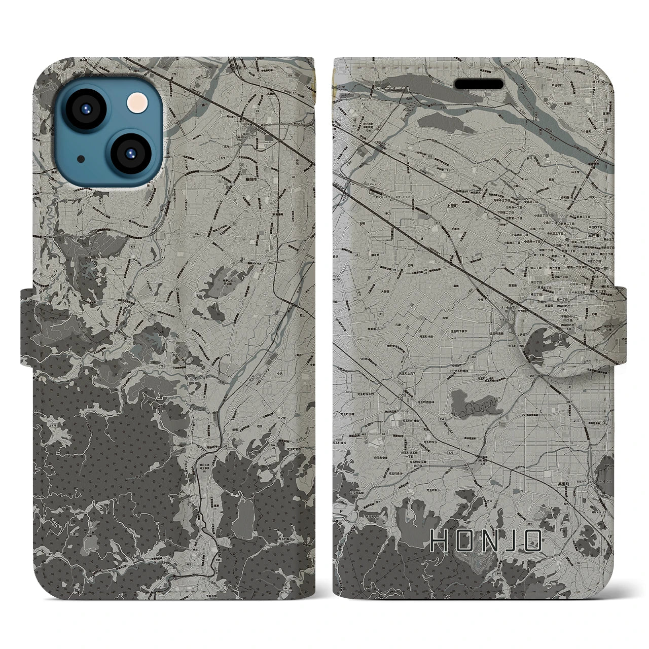 【本庄(埼玉県)】地図柄iPhoneケース(手帳タイプ)モノトーン・iPhone 13 用