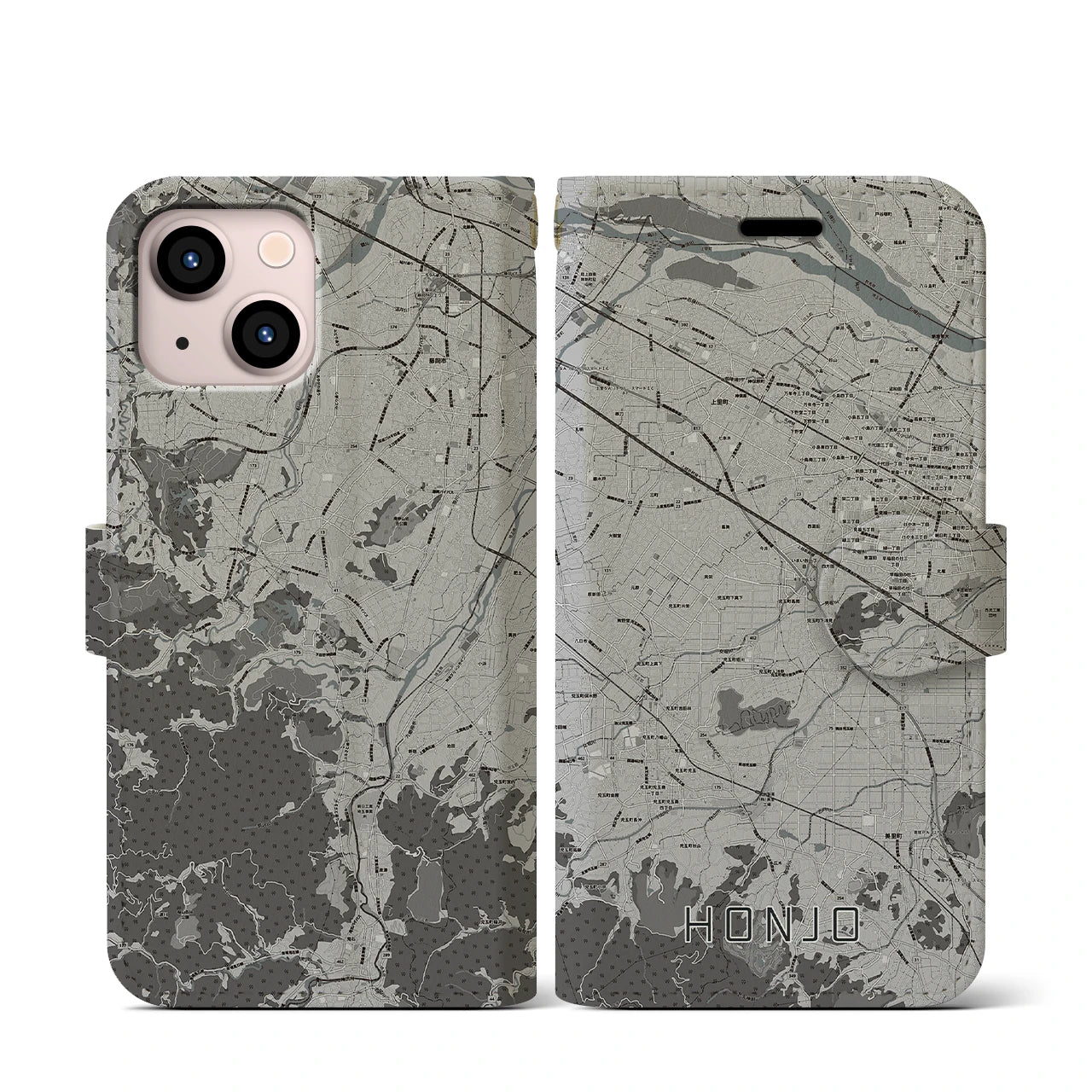【本庄(埼玉県)】地図柄iPhoneケース(手帳タイプ)モノトーン・iPhone 13 mini 用