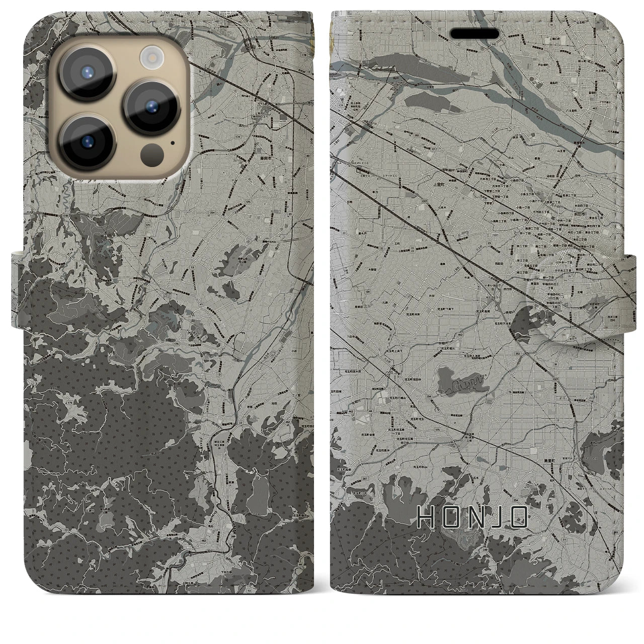 【本庄(埼玉県)】地図柄iPhoneケース(手帳タイプ)モノトーン・iPhone 14 Pro Max 用
