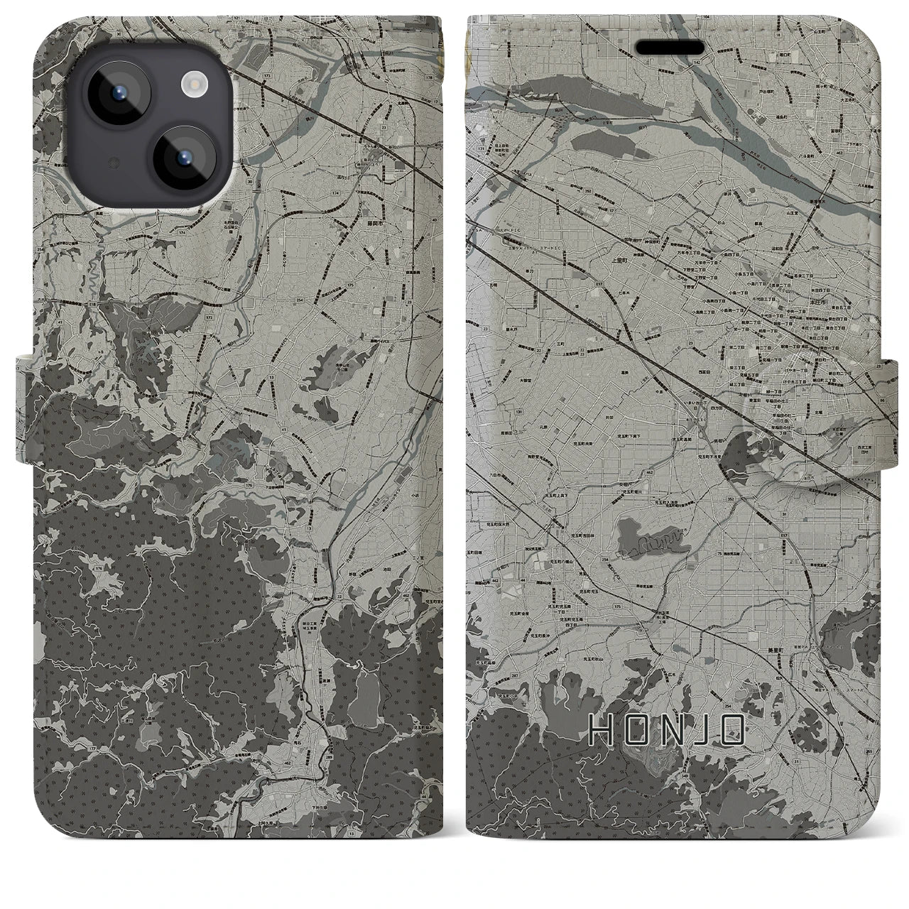 【本庄(埼玉県)】地図柄iPhoneケース(手帳タイプ)モノトーン・iPhone 14 Plus 用
