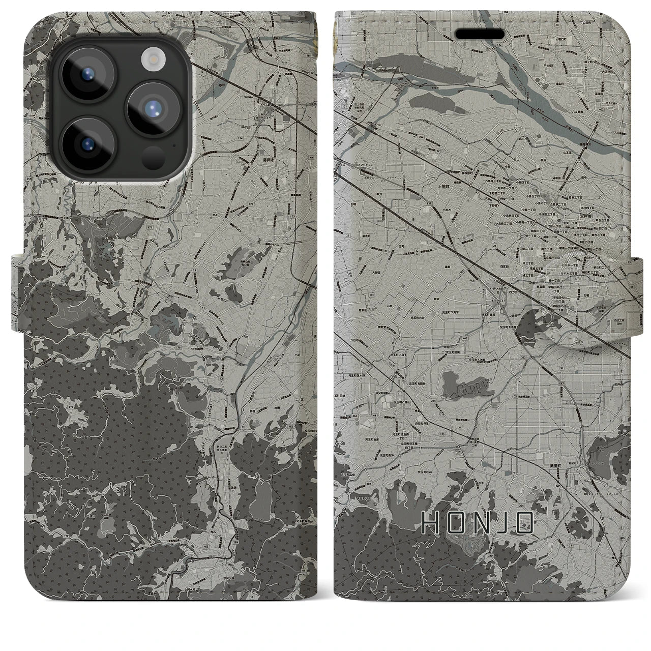 【本庄(埼玉県)】地図柄iPhoneケース(手帳タイプ)モノトーン・iPhone 15 Pro Max 用