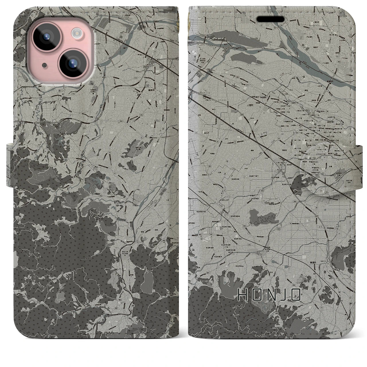【本庄(埼玉県)】地図柄iPhoneケース(手帳タイプ)モノトーン・iPhone 15 Plus 用
