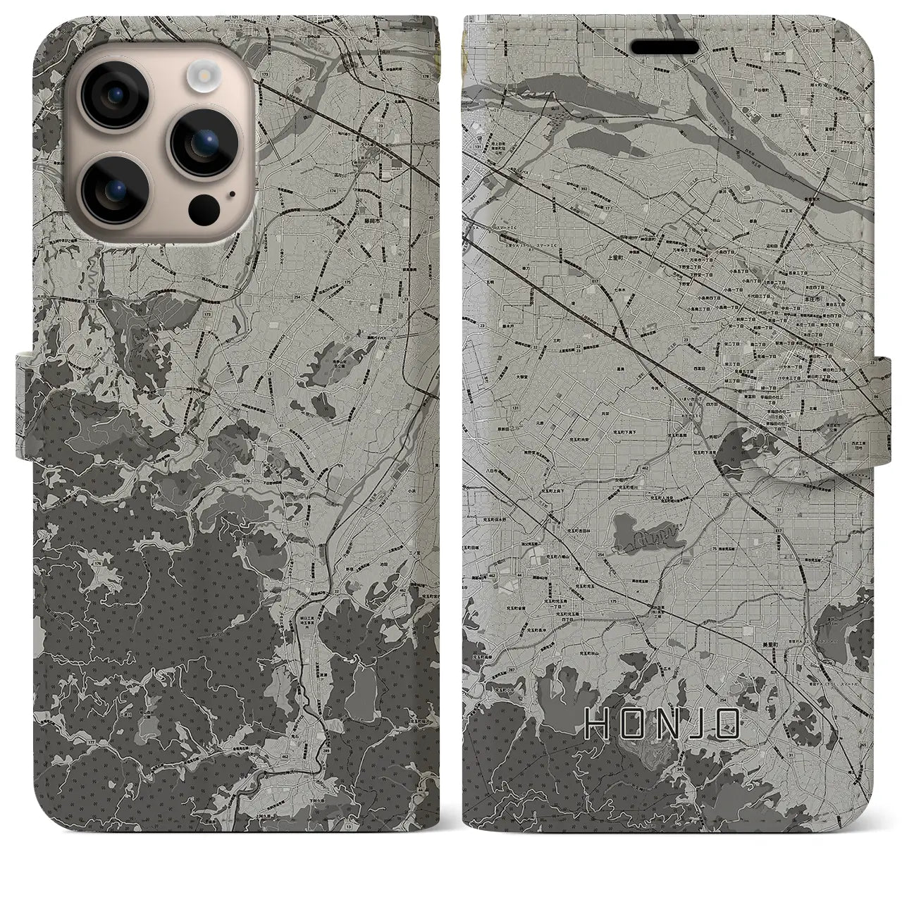 【本庄(埼玉県)】地図柄iPhoneケース(手帳タイプ)モノトーン・iPhone 16 Plus 用