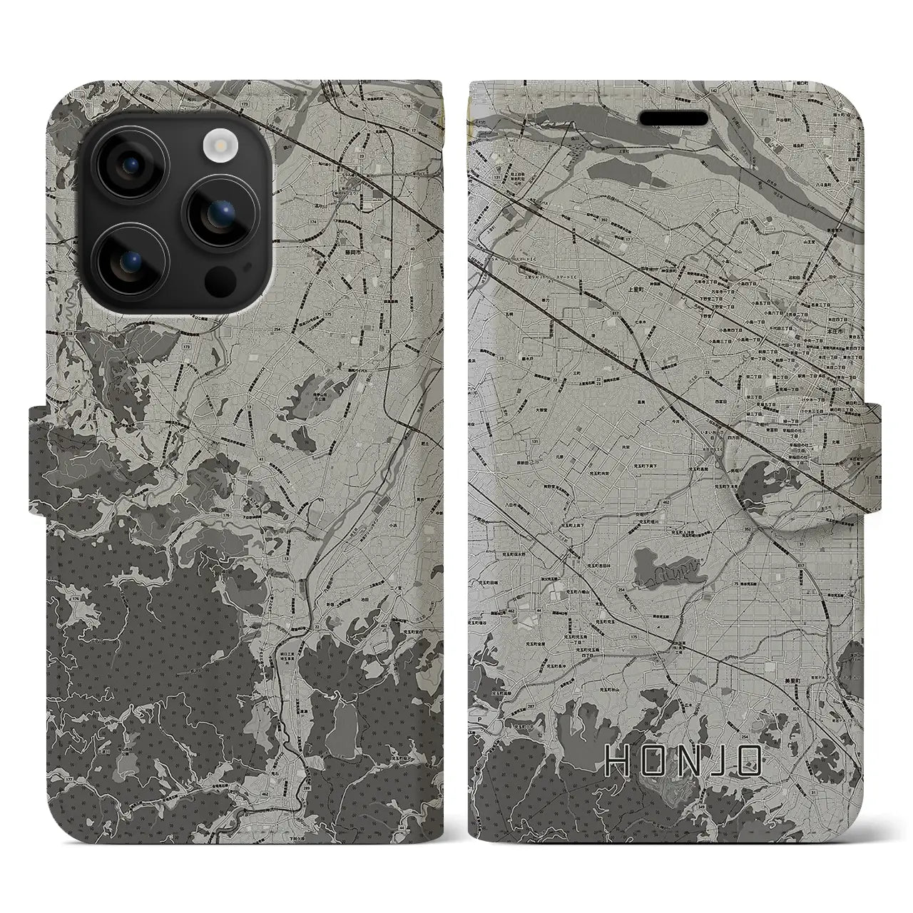 【本庄(埼玉県)】地図柄iPhoneケース(手帳タイプ)モノトーン・iPhone 16 用