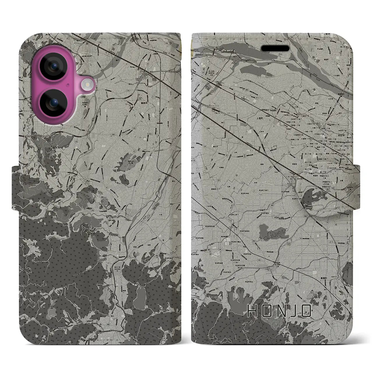 【本庄(埼玉県)】地図柄iPhoneケース(手帳タイプ)モノトーン・iPhone 16 Pro 用
