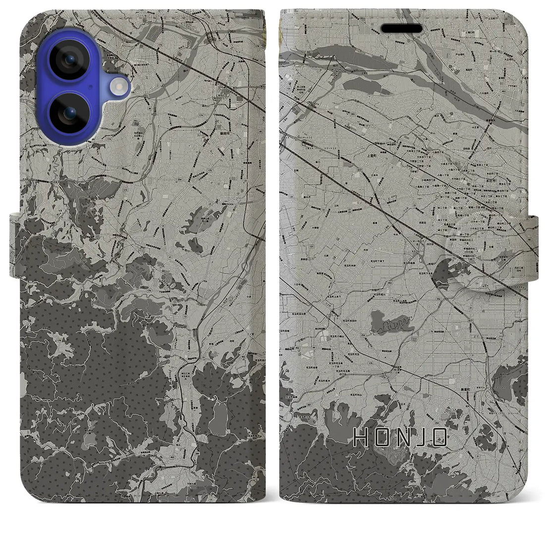 【本庄(埼玉県)】地図柄iPhoneケース(手帳タイプ)モノトーン・iPhone 16 Pro Max 用