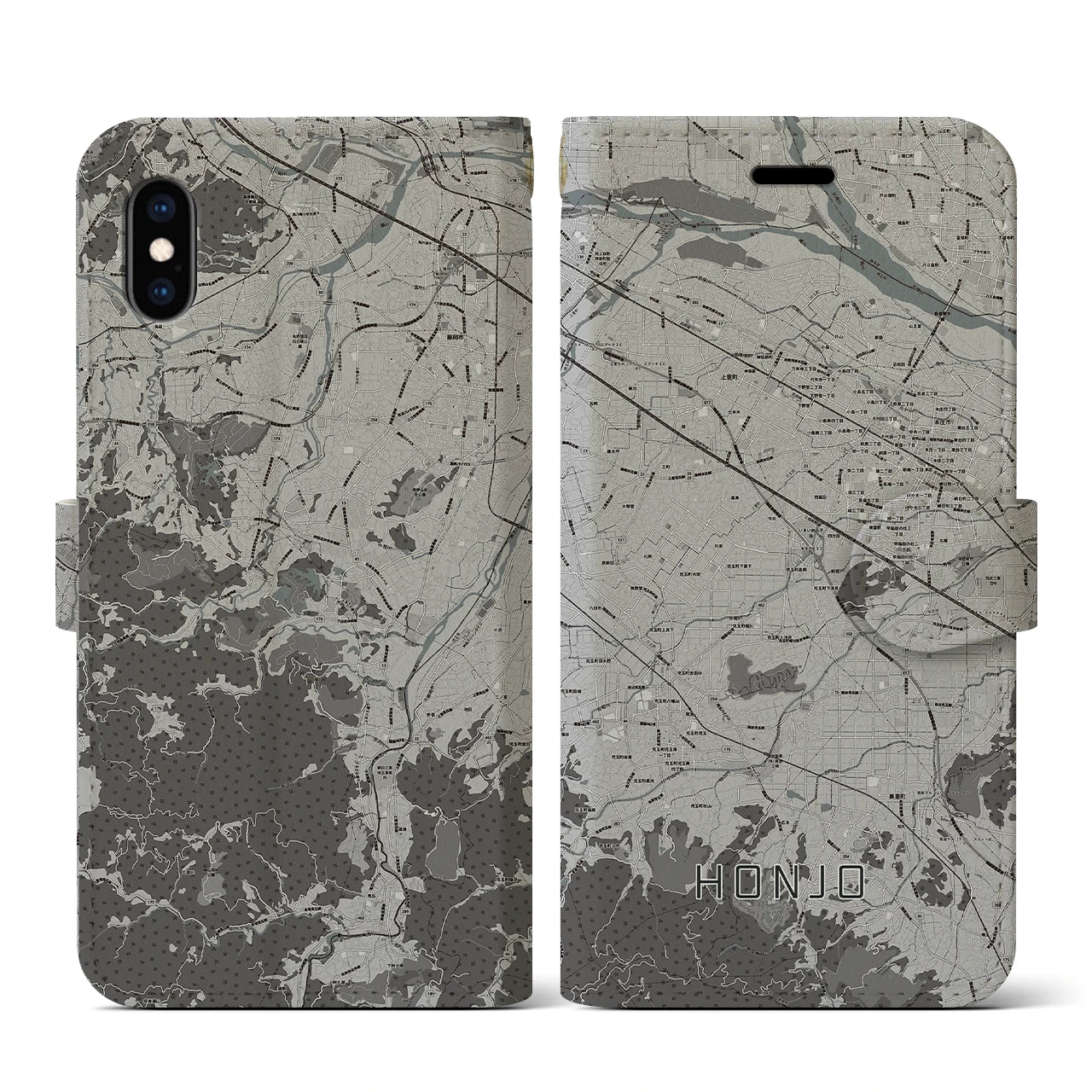 【本庄(埼玉県)】地図柄iPhoneケース(手帳タイプ)モノトーン・iPhone XS / X 用