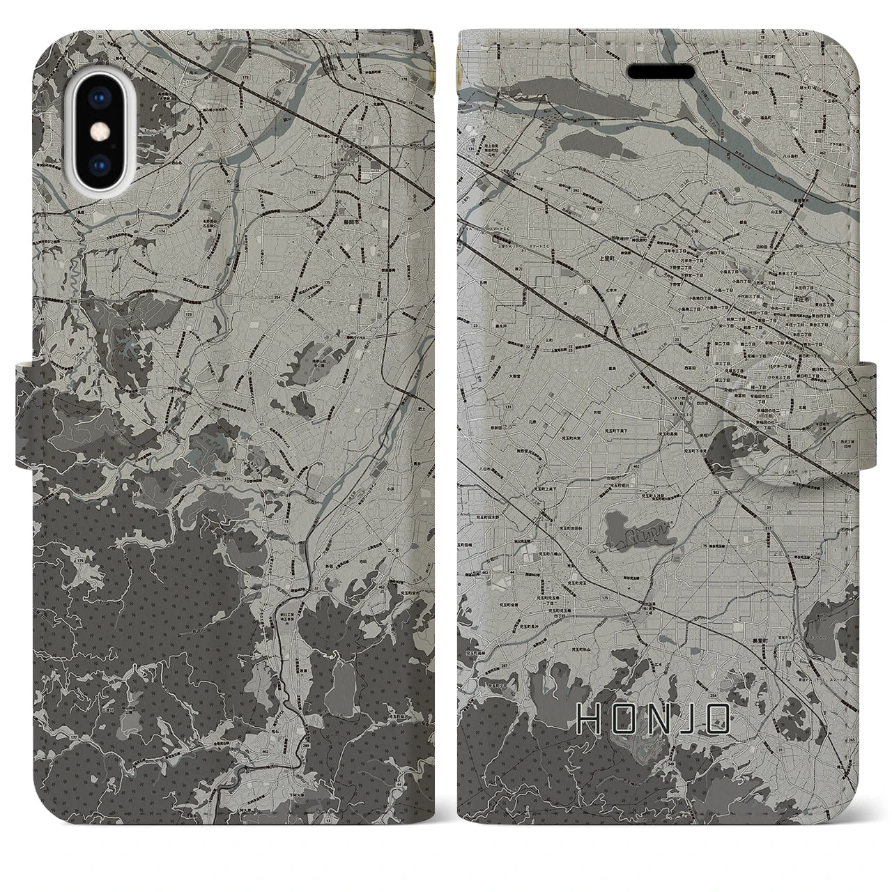 【本庄(埼玉県)】地図柄iPhoneケース(手帳タイプ)モノトーン・iPhone XS Max 用