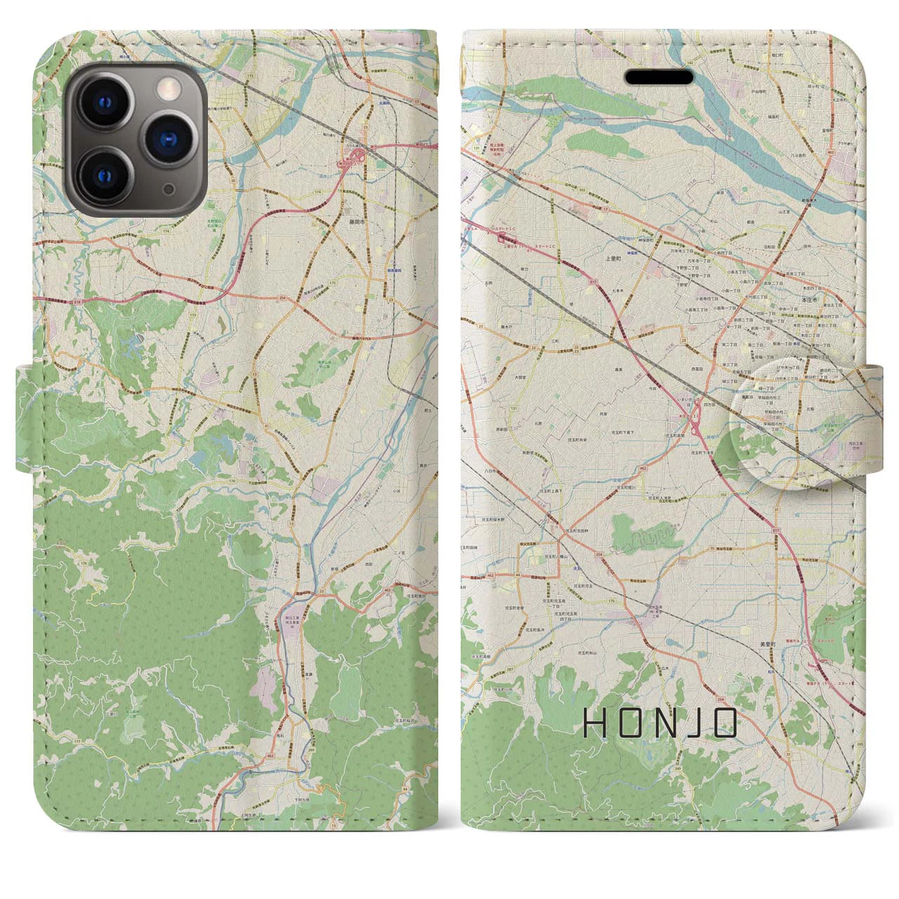 【本庄(埼玉県)】地図柄iPhoneケース(手帳タイプ)ナチュラル・iPhone 11 Pro Max 用
