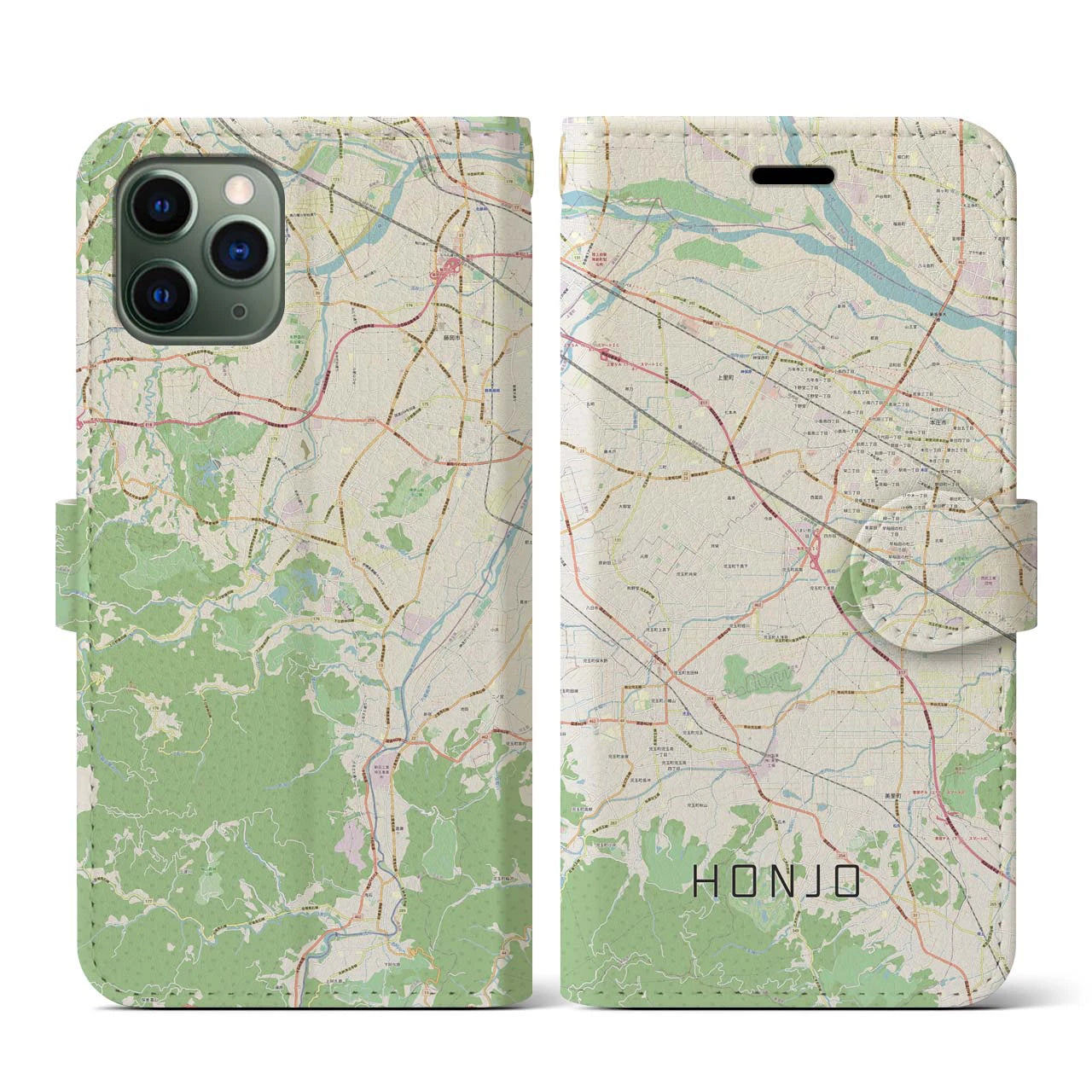【本庄(埼玉県)】地図柄iPhoneケース(手帳タイプ)ナチュラル・iPhone 11 Pro 用