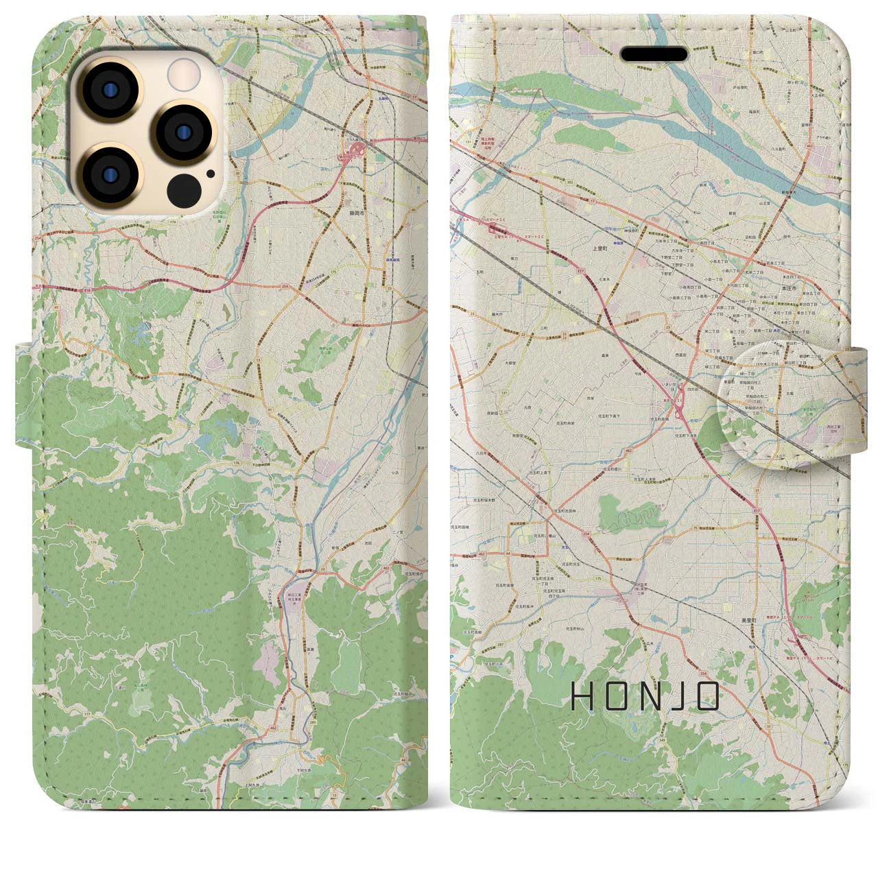 【本庄(埼玉県)】地図柄iPhoneケース(手帳タイプ)ナチュラル・iPhone 12 Pro Max 用