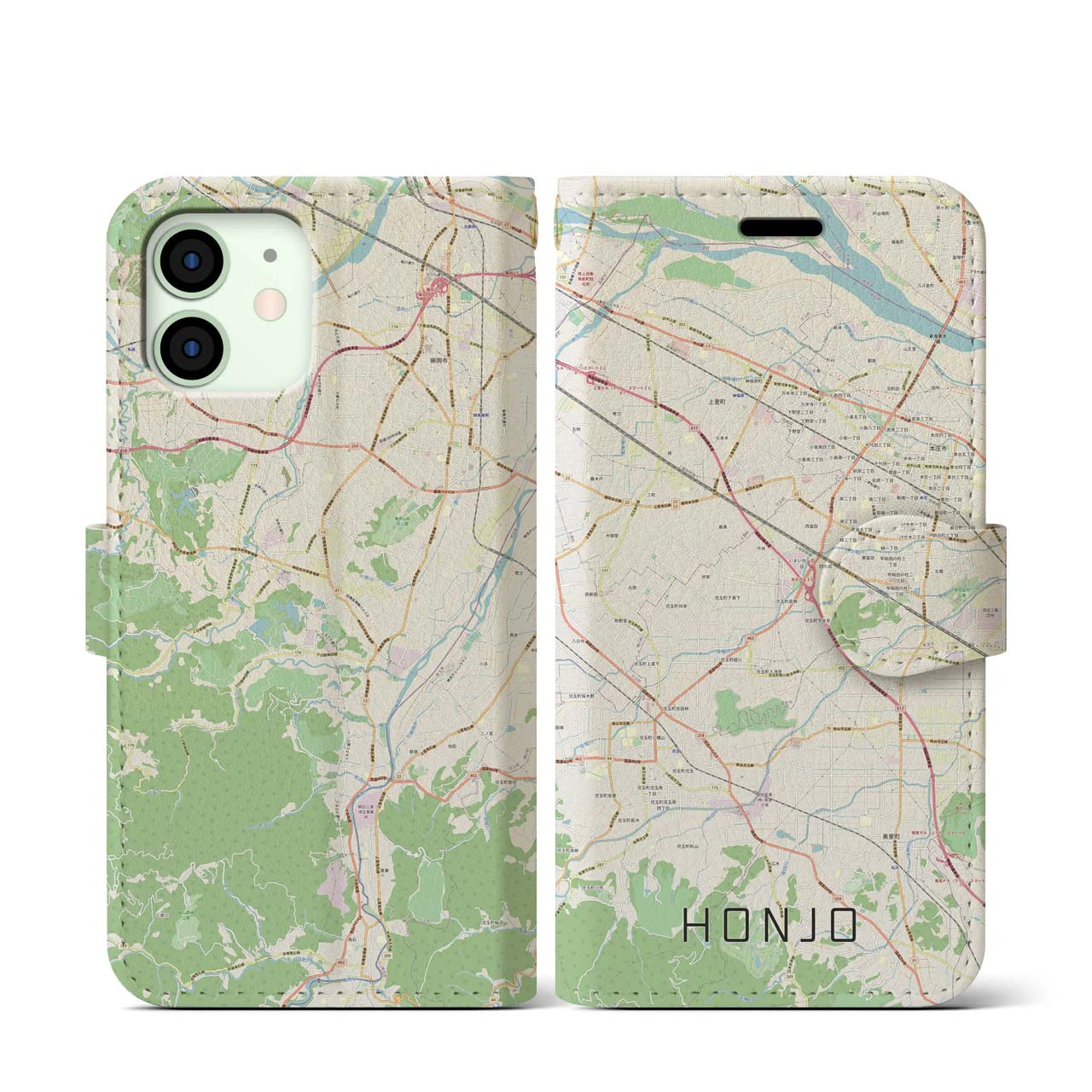 【本庄(埼玉県)】地図柄iPhoneケース(手帳タイプ)ナチュラル・iPhone 12 mini 用