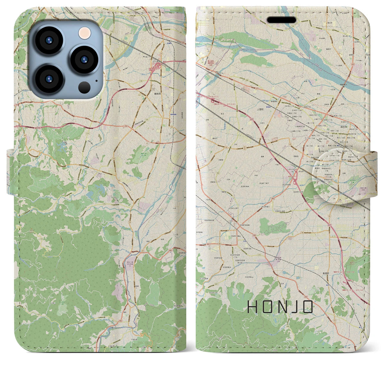 【本庄(埼玉県)】地図柄iPhoneケース(手帳タイプ)ナチュラル・iPhone 13 Pro Max 用