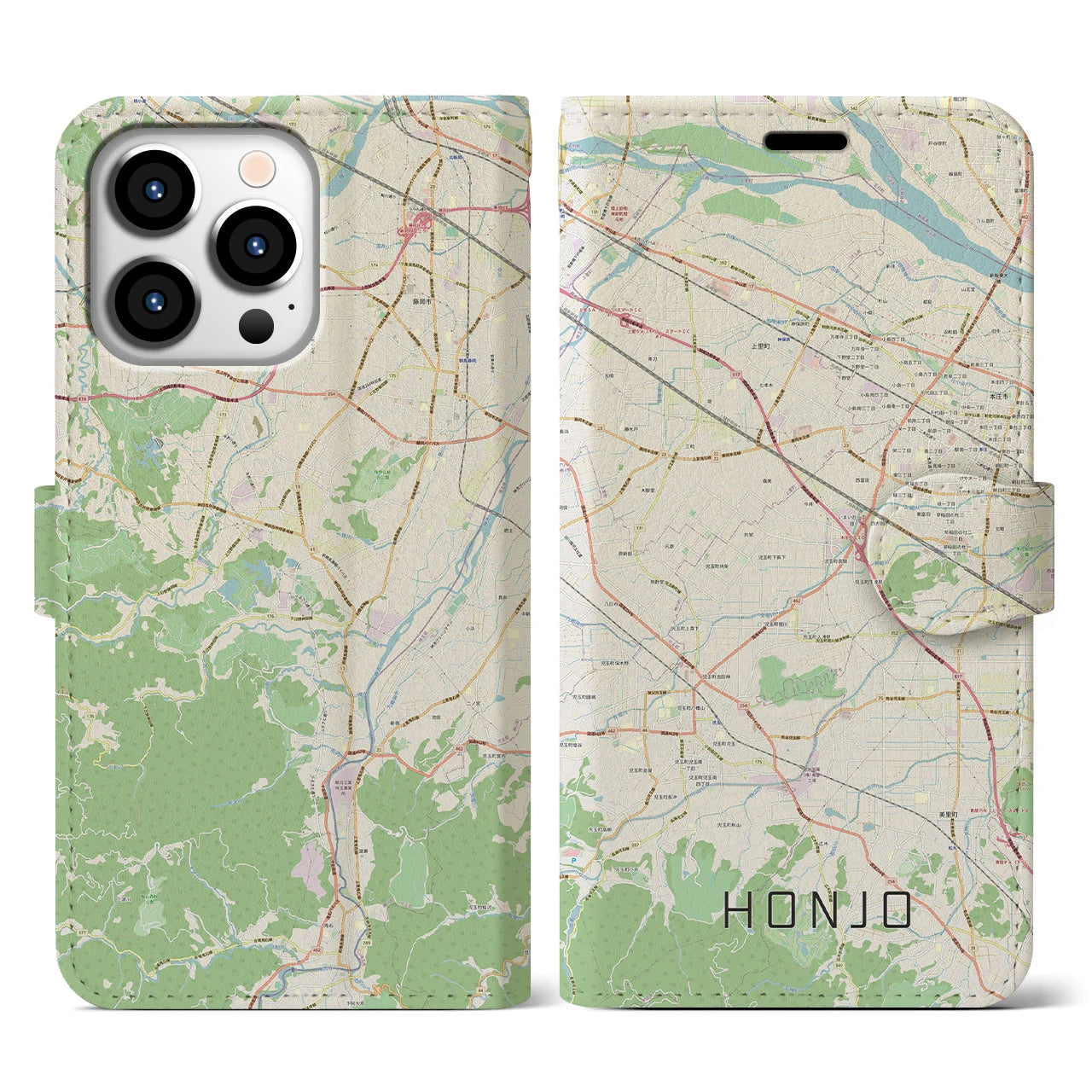 【本庄(埼玉県)】地図柄iPhoneケース(手帳タイプ)ナチュラル・iPhone 13 Pro 用