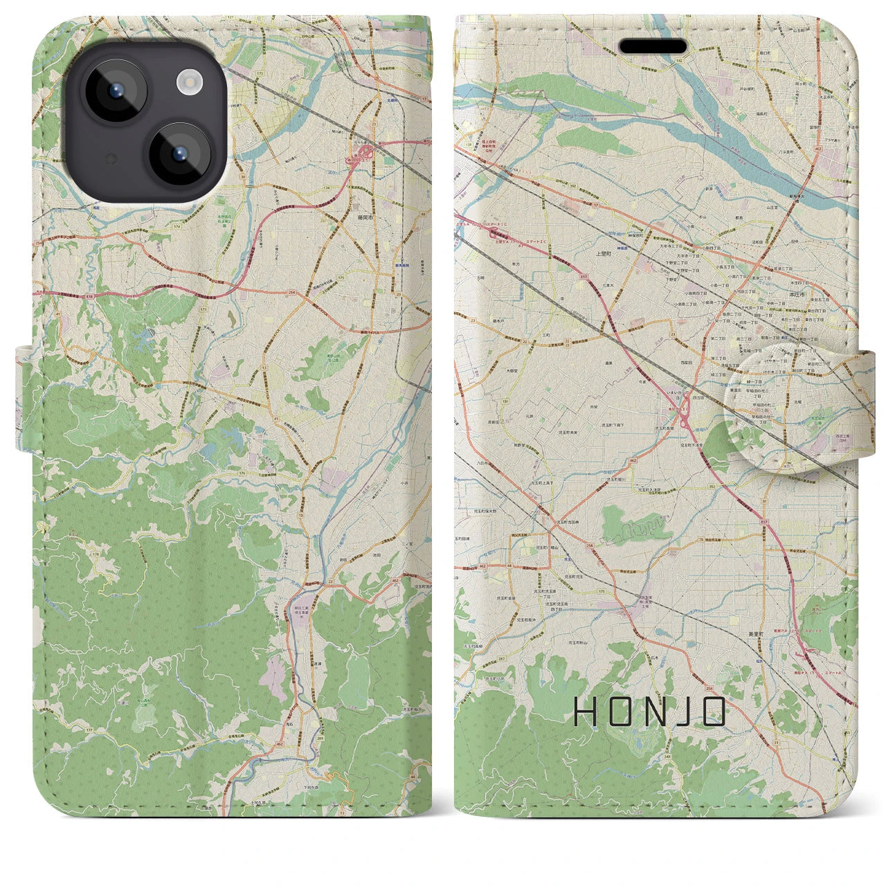 【本庄(埼玉県)】地図柄iPhoneケース(手帳タイプ)ナチュラル・iPhone 14 Plus 用