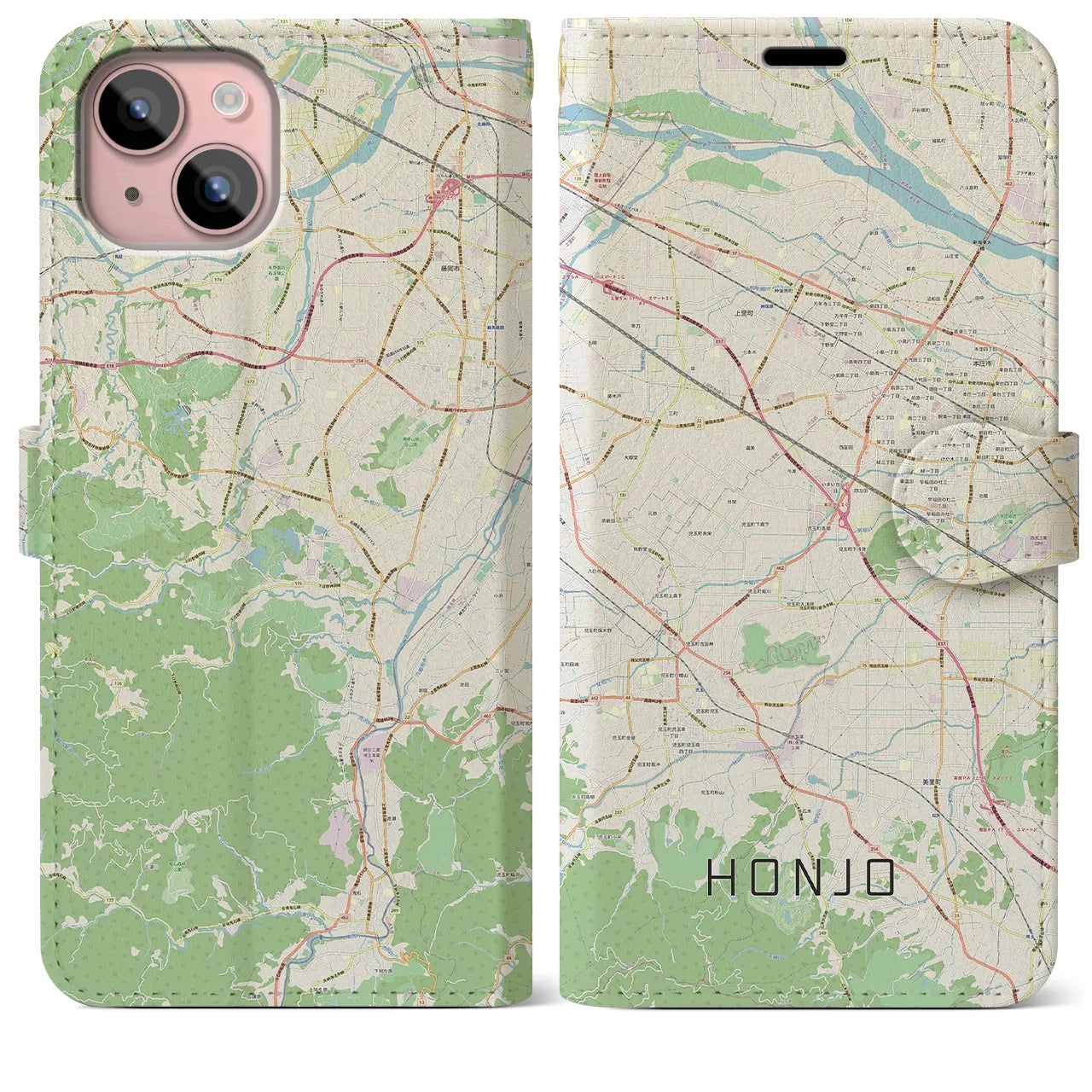 【本庄(埼玉県)】地図柄iPhoneケース(手帳タイプ)ナチュラル・iPhone 15 Plus 用