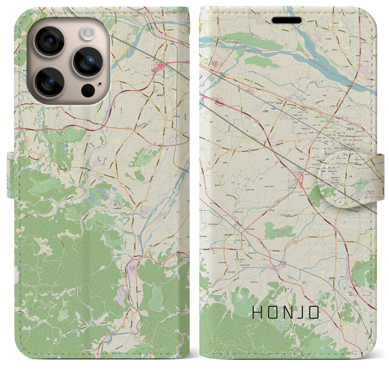 【本庄(埼玉県)】地図柄iPhoneケース(手帳タイプ)ナチュラル・iPhone 16 Plus 用