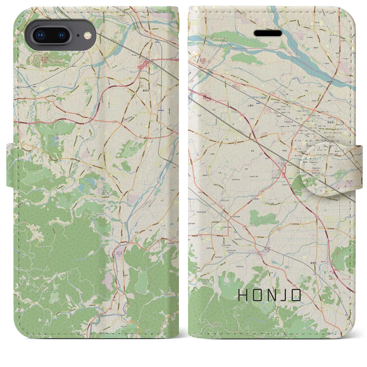 【本庄(埼玉県)】地図柄iPhoneケース(手帳タイプ)ナチュラル・iPhone 8Plus /7Plus / 6sPlus / 6Plus 用