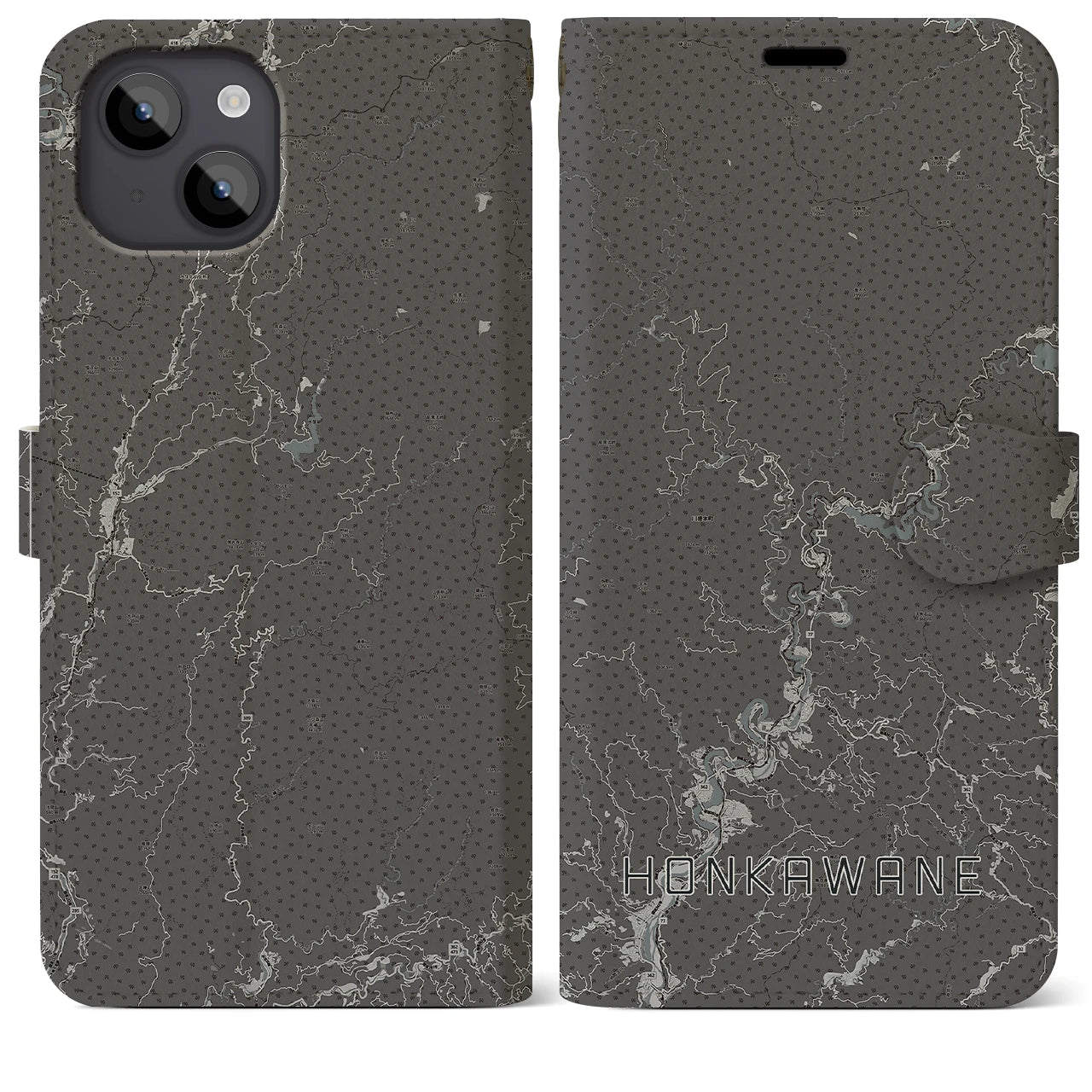 【本川根(静岡県)】地図柄iPhoneケース(手帳タイプ)モノトーン・iPhone 14 Plus 用