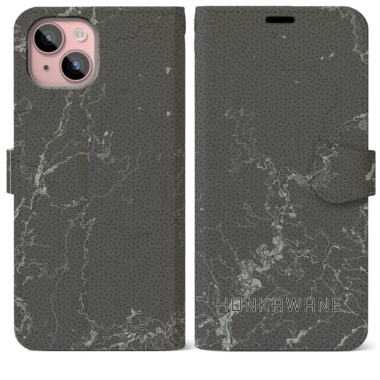 【本川根(静岡県)】地図柄iPhoneケース(手帳タイプ)モノトーン・iPhone 15 Plus 用