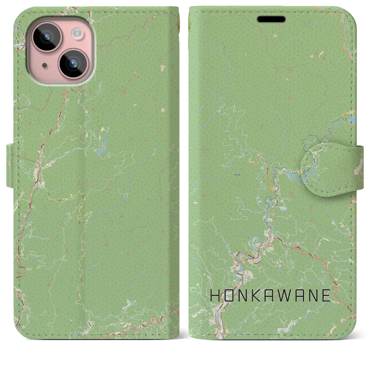 【本川根(静岡県)】地図柄iPhoneケース(手帳タイプ)ナチュラル・iPhone 15 Plus 用